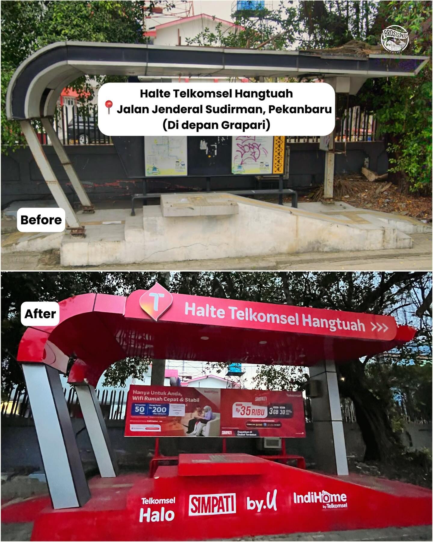 Di Pekanbaru, ada Halte Bus yang sudah direnovasi lagi dengan tampilan baru🙌🏻✨

Sekarang jadi lebih cantik, bersih, rapi, dan pastinya lebih nyaman buat pengguna transportasi umum.

Gimana BroSis? Kalau kayak gini Kota Pekanbaru makin enak dipandang kan?😍
_
📍 Slide 1 : Halte Telkomsel Hangtuah, Jalan Jenderal Sudirman, Pekanbaru (Depan Grapari)
📍 Slide 2 : Halte Tri Bakti, Jalan Tuanku Tambusai, Pekanbaru (Depan SMA Tri Bakti)
_
🌐 Butuh rekomendasi di Pekanbaru? Cek website www.brosispku.com

#BroSisPKUContentNanda #BroSisPKU #pku #pekanbaru #SeputarPKU